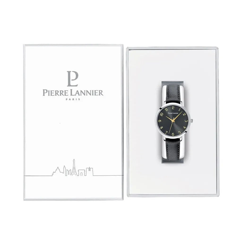 PIERRE LANNIER Montre Chouquette Noir cadran argenté fond noir bracelet cuir noir Online
