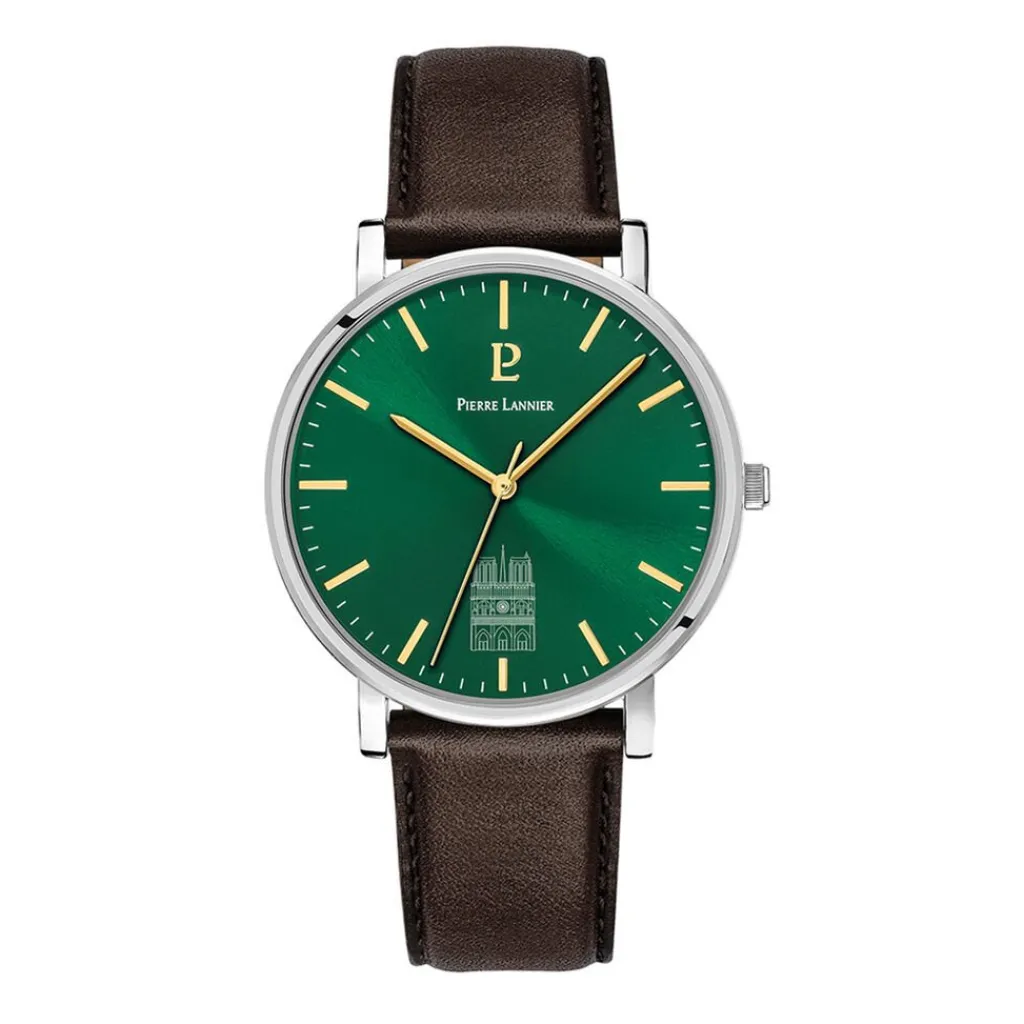 PIERRE LANNIER Montre Coeur Battant Vert cadran argenté fond vert bracelet cuir de vache marron Hot