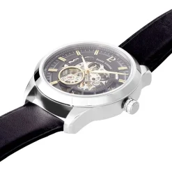 PIERRE LANNIER Montre Collection Automatique 44 Acier Argenté cadran argenté fond noir bracelet cuir noir Hot