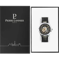 PIERRE LANNIER Montre Collection Automatique 44 Acier Argenté cadran argenté fond noir bracelet cuir noir Hot