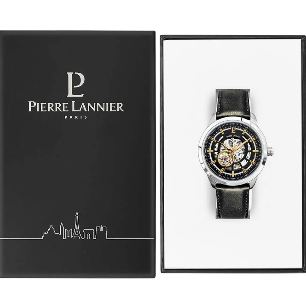 PIERRE LANNIER Montre Collection Automatique 44 Acier Argenté cadran argenté fond noir bracelet cuir noir Hot