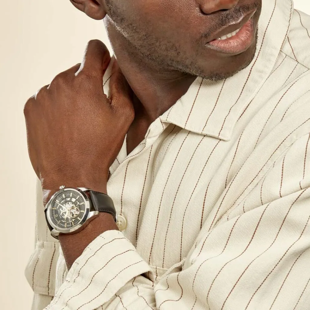 PIERRE LANNIER Montre Collection Automatique 44 Acier Argenté cadran argenté fond noir bracelet cuir noir Hot