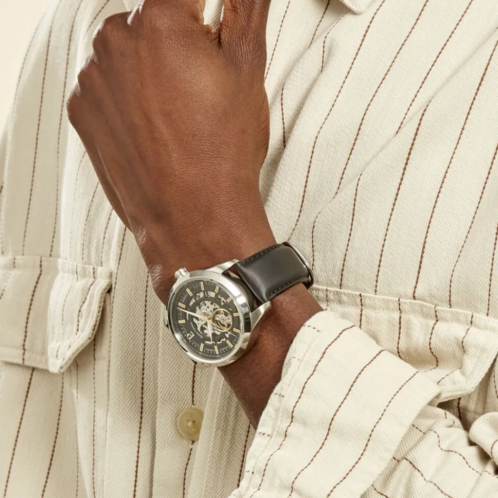 PIERRE LANNIER Montre Collection Automatique 44 Acier Argenté cadran argenté fond noir bracelet cuir noir Hot