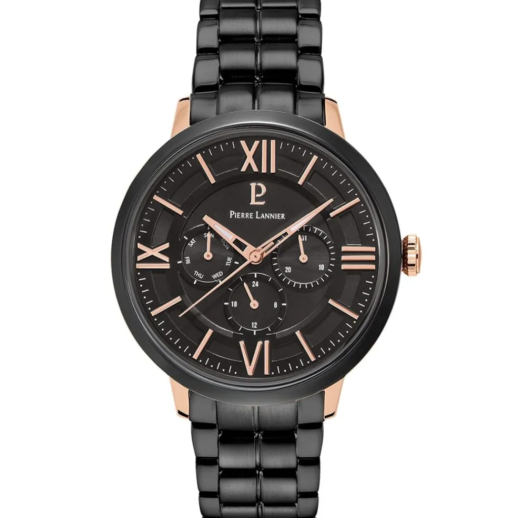 PIERRE LANNIER Montre Collection Beaucour Noir cadran doré rose fond noir bracelet acier noir New