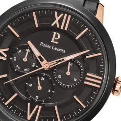 PIERRE LANNIER Montre Collection Beaucour Noir cadran doré rose fond noir bracelet acier noir New