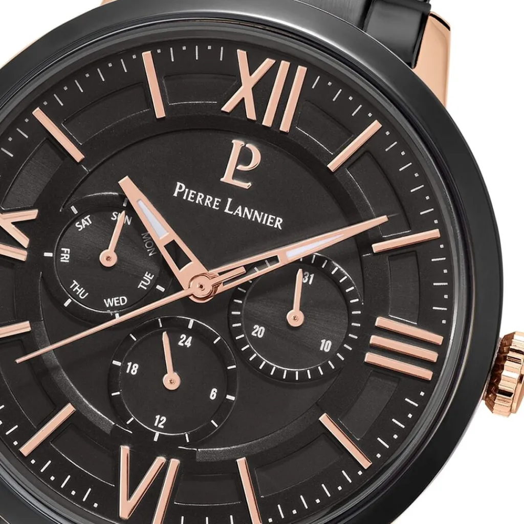 PIERRE LANNIER Montre Collection Beaucour Noir cadran doré rose fond noir bracelet acier noir New