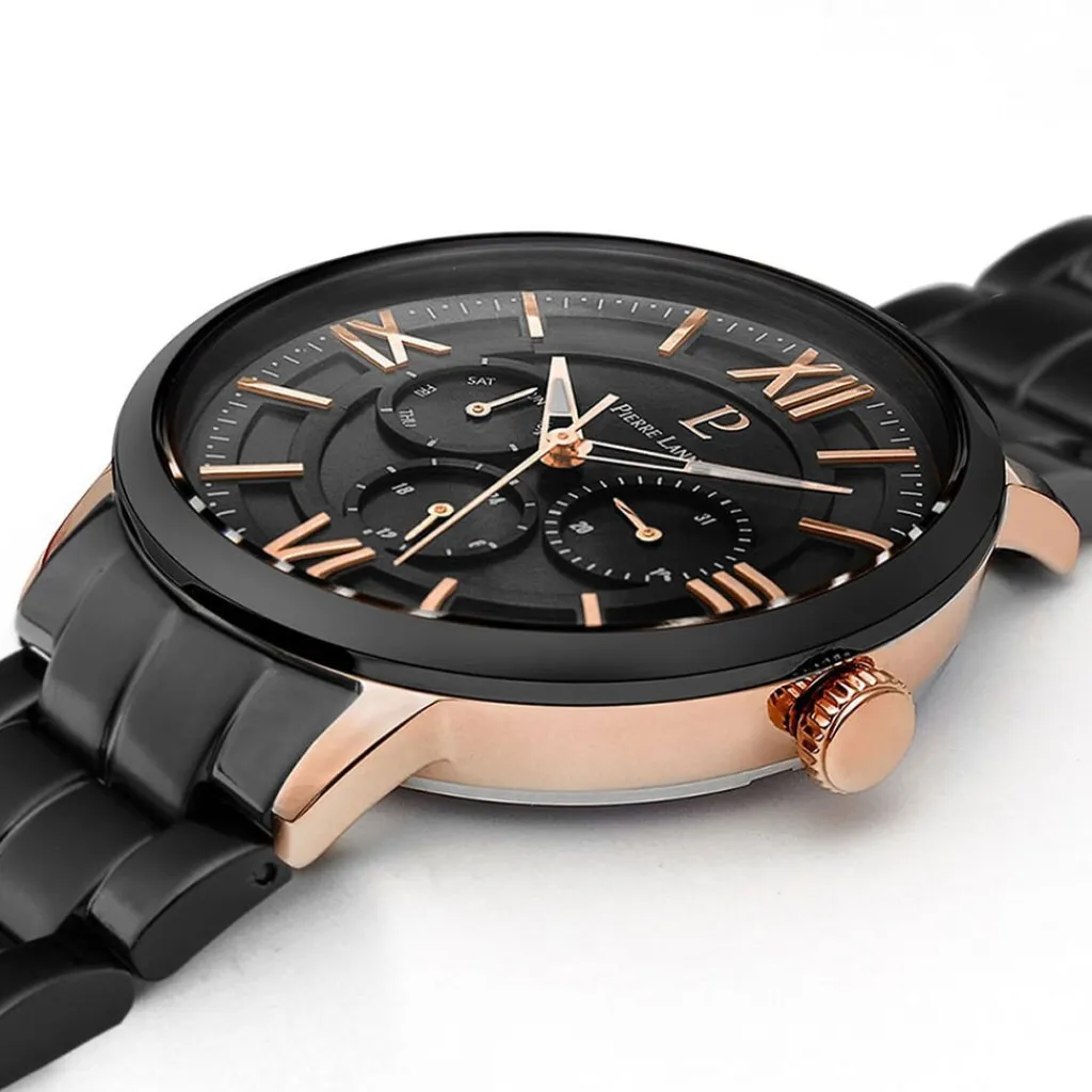 PIERRE LANNIER Montre Collection Beaucour Noir cadran doré rose fond noir bracelet acier noir New