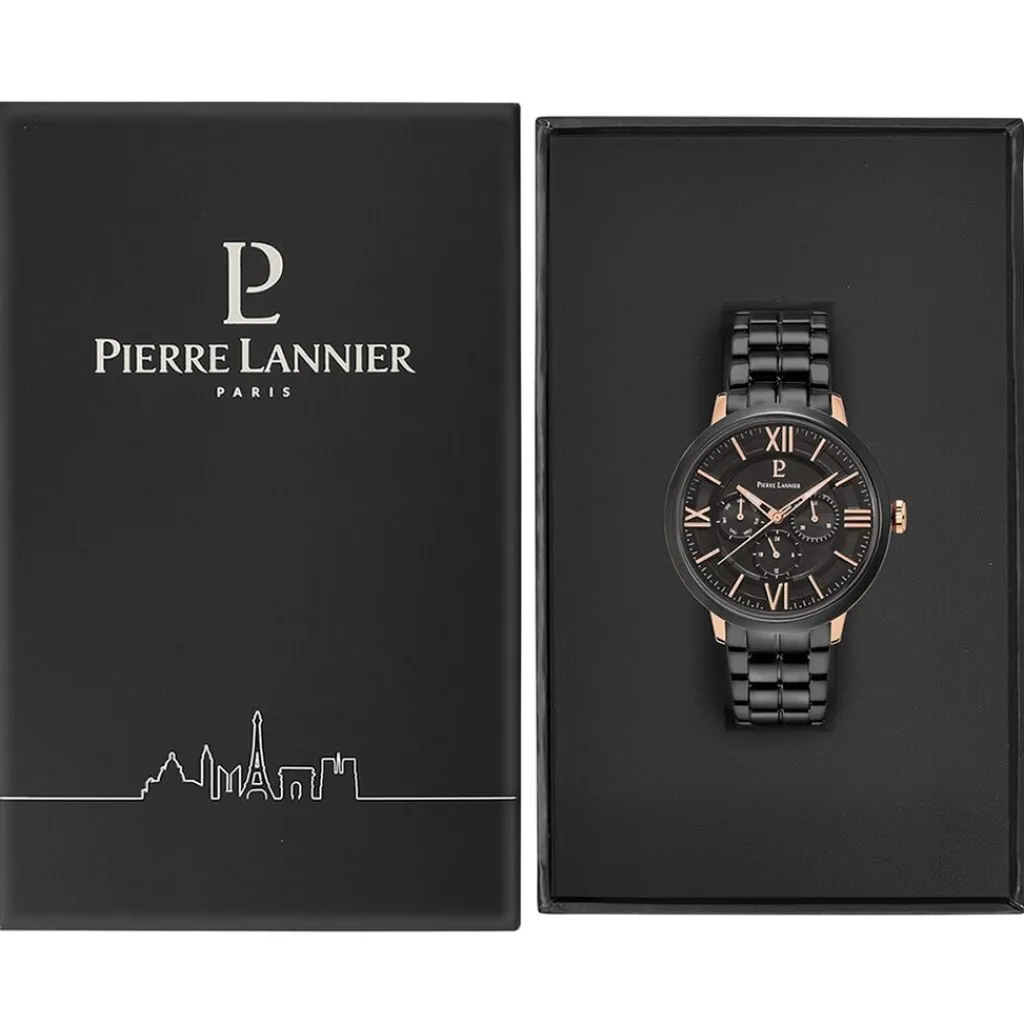 PIERRE LANNIER Montre Collection Beaucour Noir cadran doré rose fond noir bracelet acier noir New