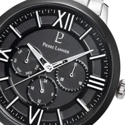 PIERRE LANNIER Montre Collection Beaucour Noir cadran argenté fond noir bracelet acier argenté Hot