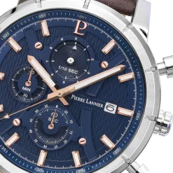 PIERRE LANNIER Montre Criterium Bleu cadran argenté fond bleu bracelet cuir brun