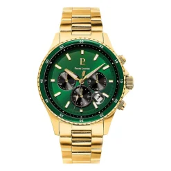 PIERRE LANNIER Montre Cronos Vert cadran doré fond vert bracelet acier doré Best