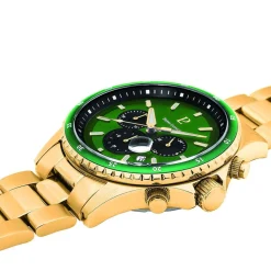 PIERRE LANNIER Montre Cronos Vert cadran doré fond vert bracelet acier doré Best