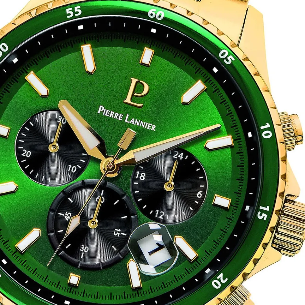 PIERRE LANNIER Montre Cronos Vert cadran doré fond vert bracelet acier doré Best