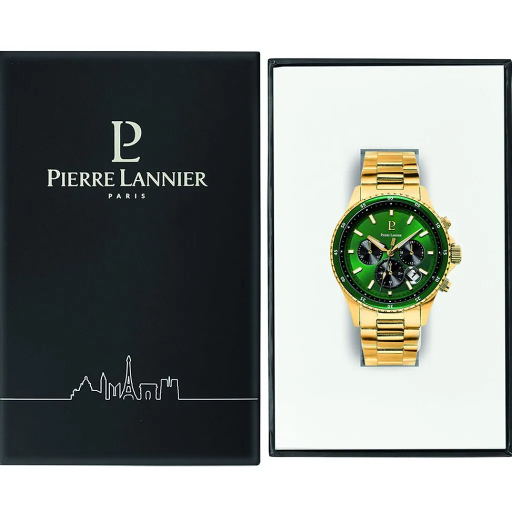 PIERRE LANNIER Montre Cronos Vert cadran doré fond vert bracelet acier doré Best