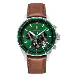 PIERRE LANNIER Montre Cronos Vert cadran argenté fond vert bracelet cuir marron Discount
