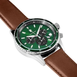 PIERRE LANNIER Montre Cronos Vert cadran argenté fond vert bracelet cuir marron Discount