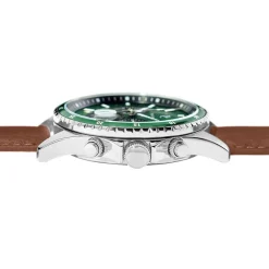 PIERRE LANNIER Montre Cronos Vert cadran argenté fond vert bracelet cuir marron Discount