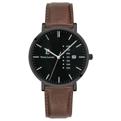 PIERRE LANNIER Montre Data Noir cadran noir fond noir bracelet cuir de veau marron
