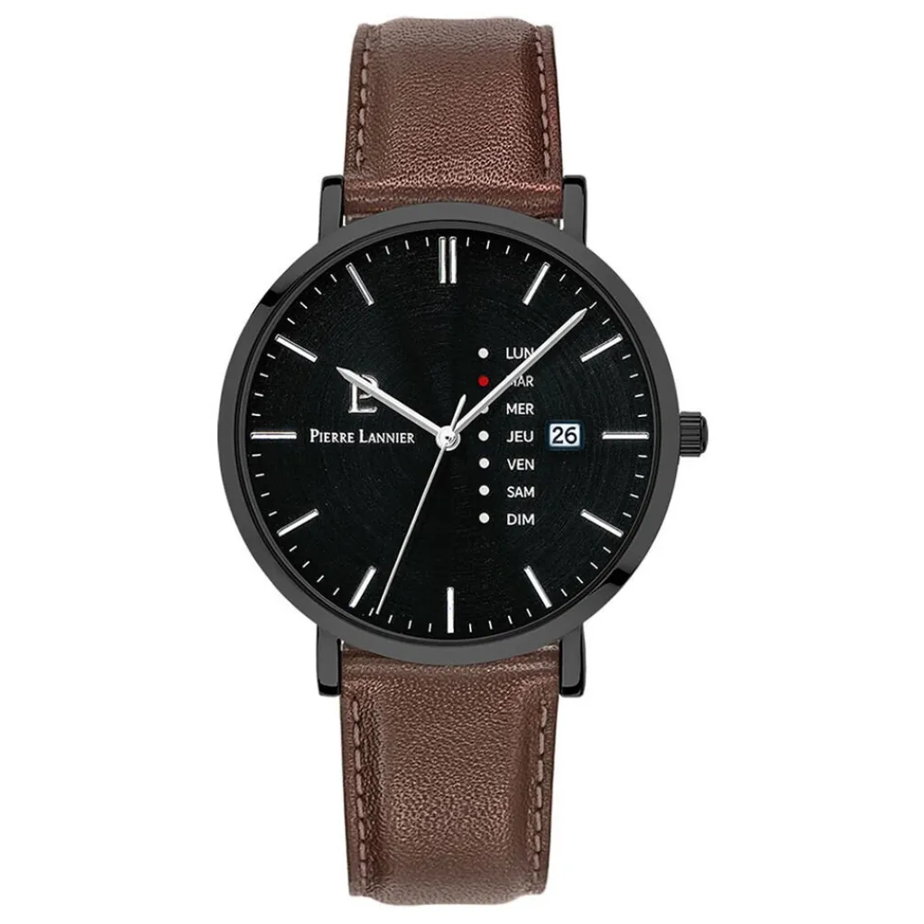 PIERRE LANNIER Montre Data Noir cadran noir fond noir bracelet cuir de veau marron