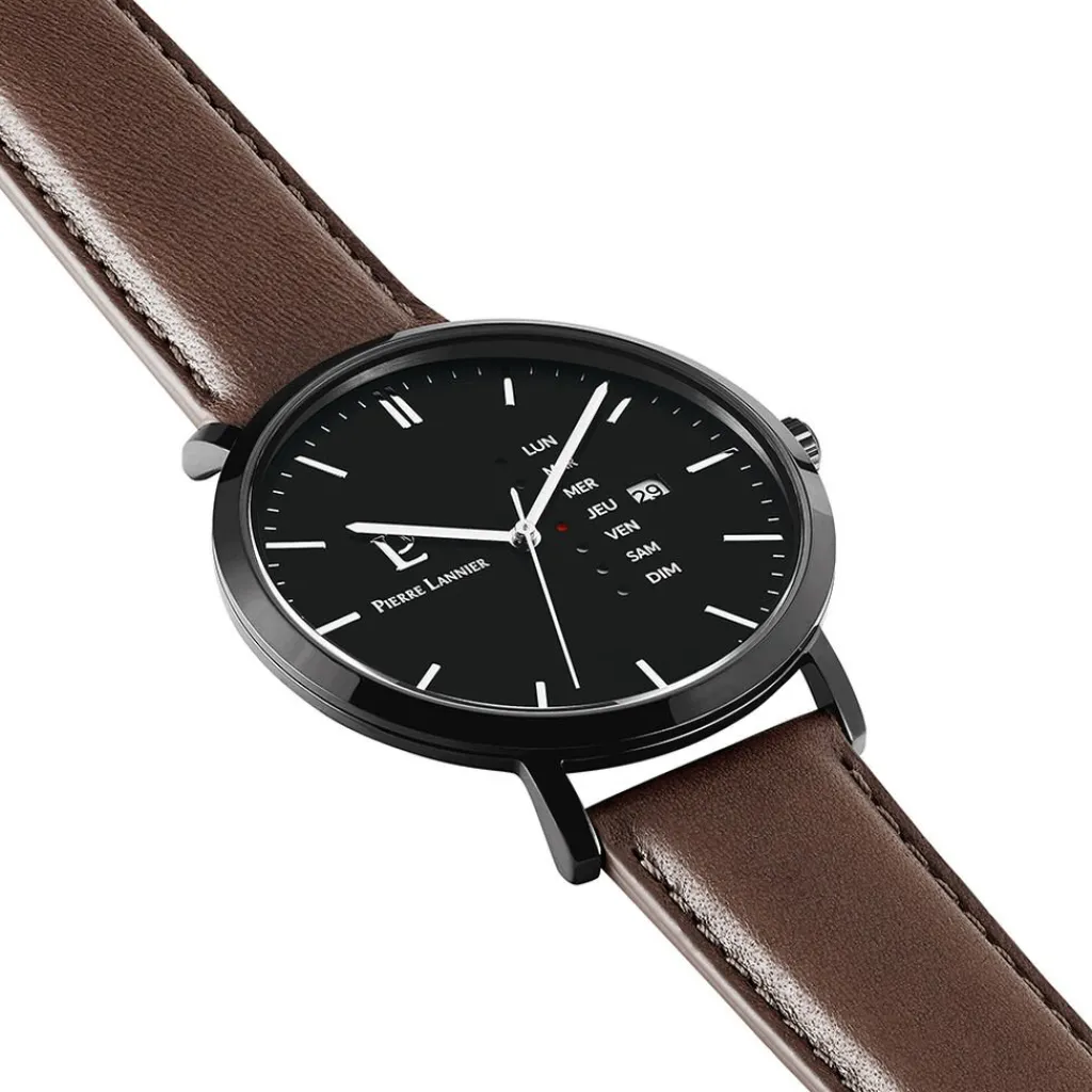 PIERRE LANNIER Montre Data Noir cadran noir fond noir bracelet cuir de veau marron