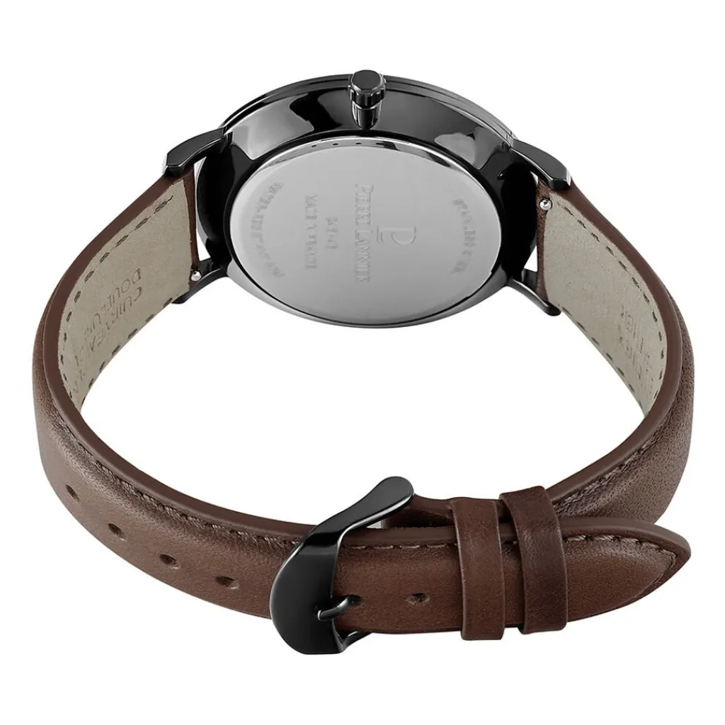 PIERRE LANNIER Montre Data Noir cadran noir fond noir bracelet cuir de veau marron