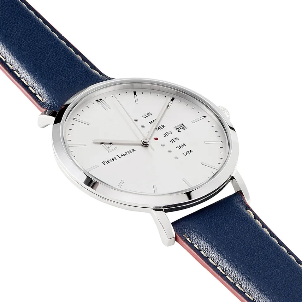 PIERRE LANNIER Montre Data Argenté cadran argenté fond argenté bracelet cuir de veau bleu