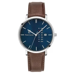 PIERRE LANNIER Montre Data Bleu cadran argenté fond bleu bracelet cuir de veau marron Discount