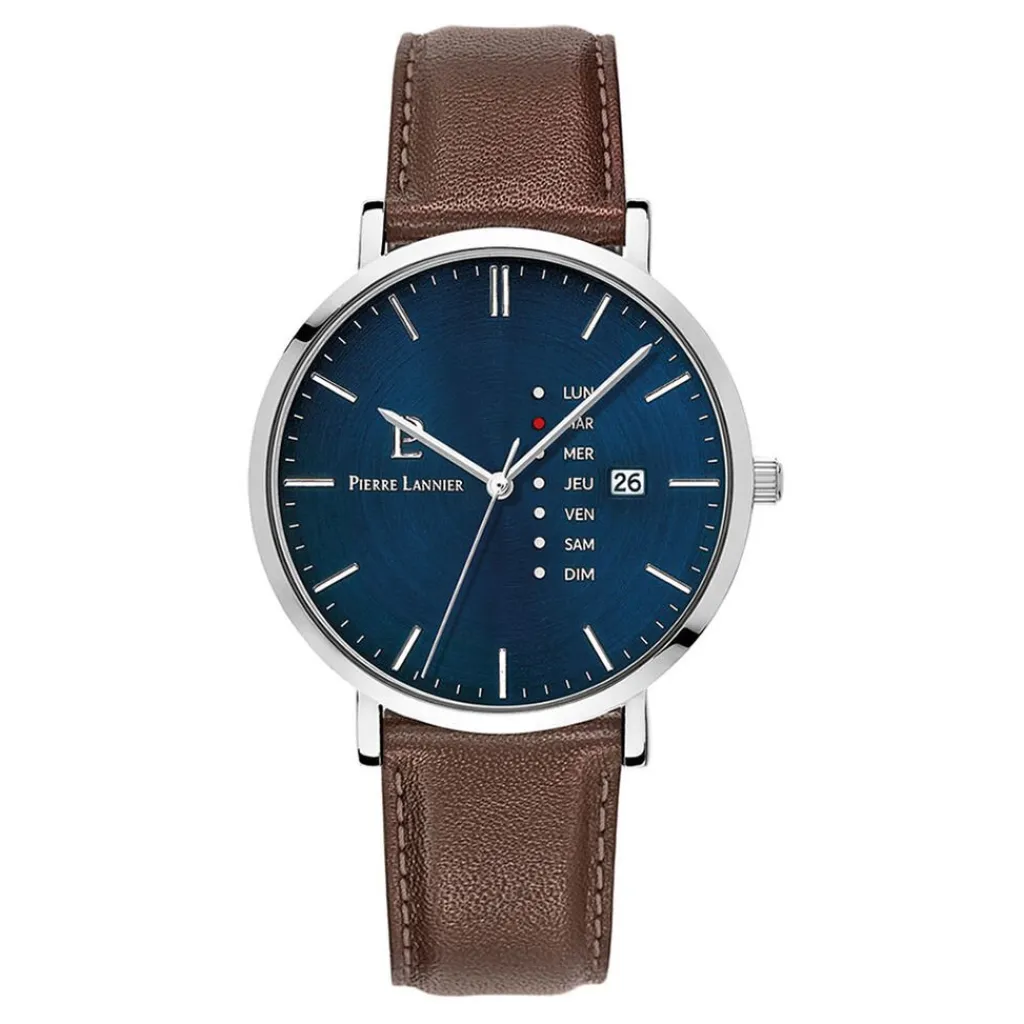 PIERRE LANNIER Montre Data Bleu cadran argenté fond bleu bracelet cuir de veau marron Discount