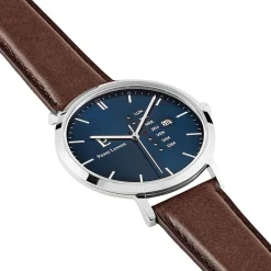 PIERRE LANNIER Montre Data Bleu cadran argenté fond bleu bracelet cuir de veau marron Discount