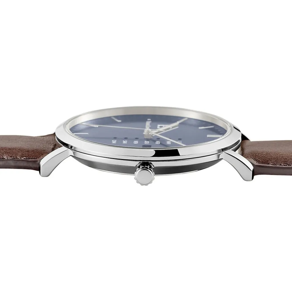 PIERRE LANNIER Montre Data Bleu cadran argenté fond bleu bracelet cuir de veau marron Discount