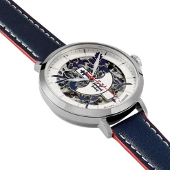 PIERRE LANNIER Montre Elysee Argenté cadran argenté fond argenté bracelet cuir de veau bleu Sale