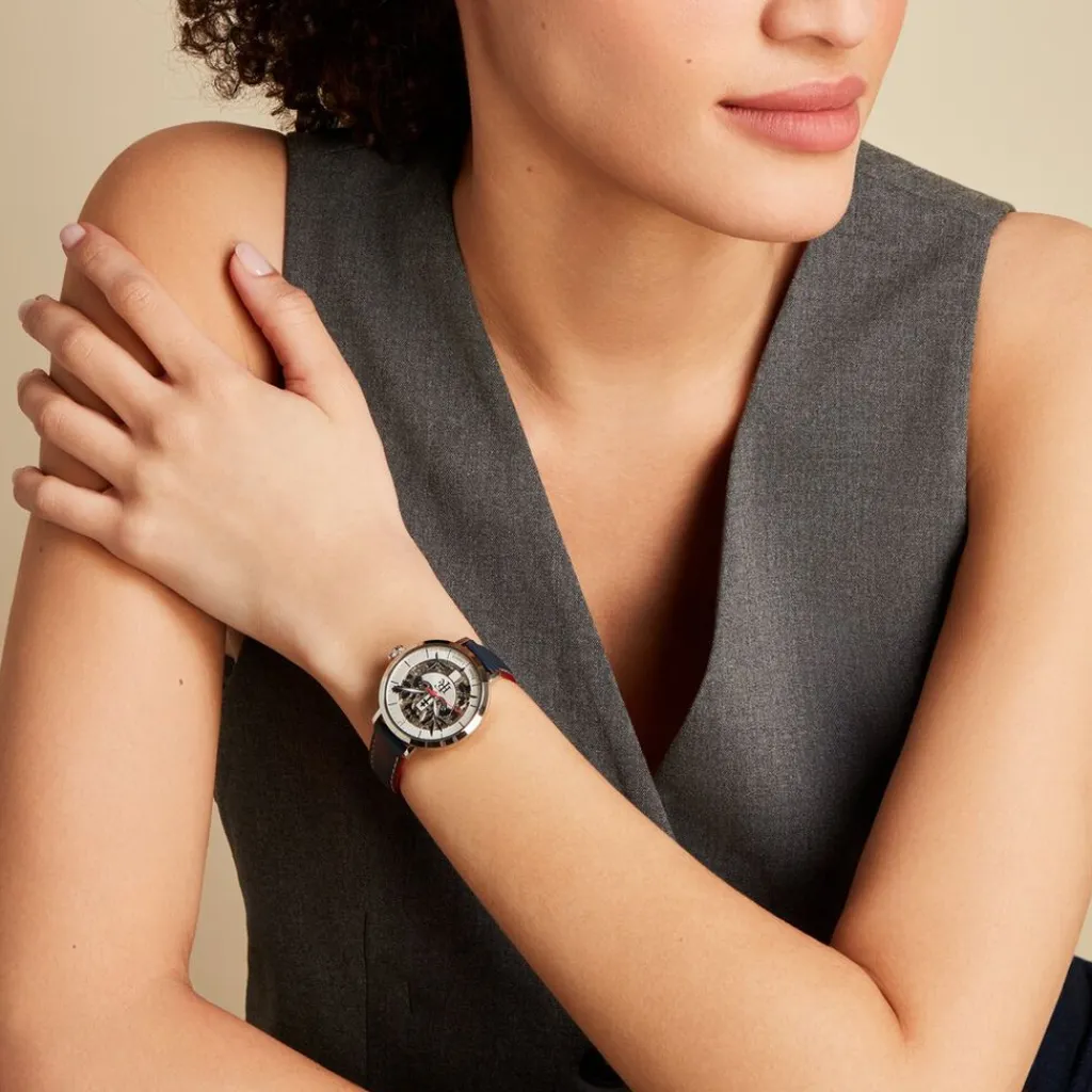 PIERRE LANNIER Montre Elysee Argenté cadran argenté fond argenté bracelet cuir de veau bleu Sale