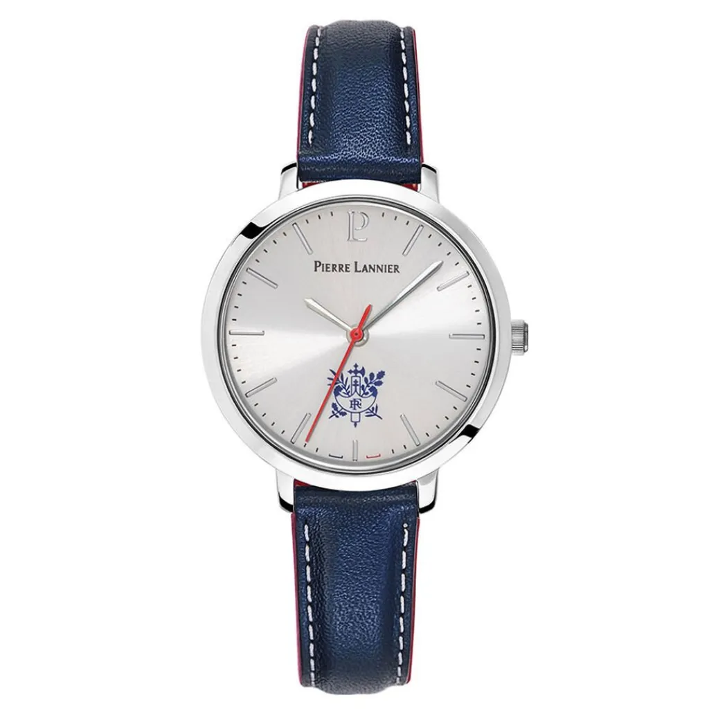 PIERRE LANNIER Montre Elysee Argenté cadran argenté fond argenté bracelet cuir de veau bleu Hot