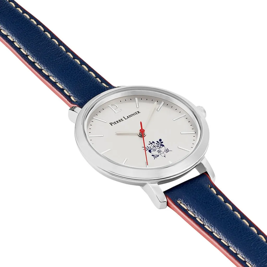 PIERRE LANNIER Montre Elysee Argenté cadran argenté fond argenté bracelet cuir de veau bleu Hot