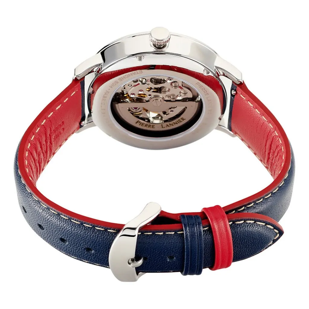 PIERRE LANNIER Montre Elysee Argenté cadran argenté fond argenté bracelet cuir de veau bleu Best