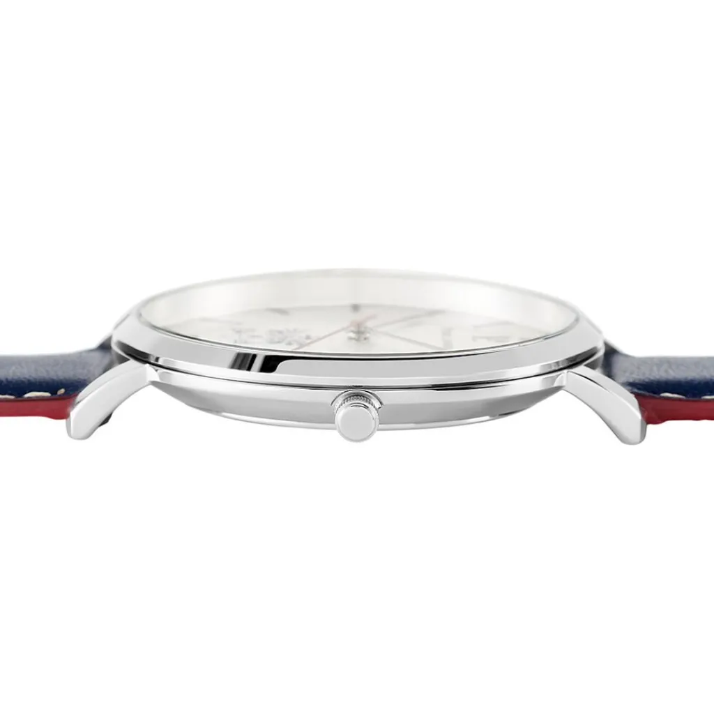 PIERRE LANNIER Montre Elysee Argenté cadran argenté fond argenté bracelet cuir de veau bleu Outlet