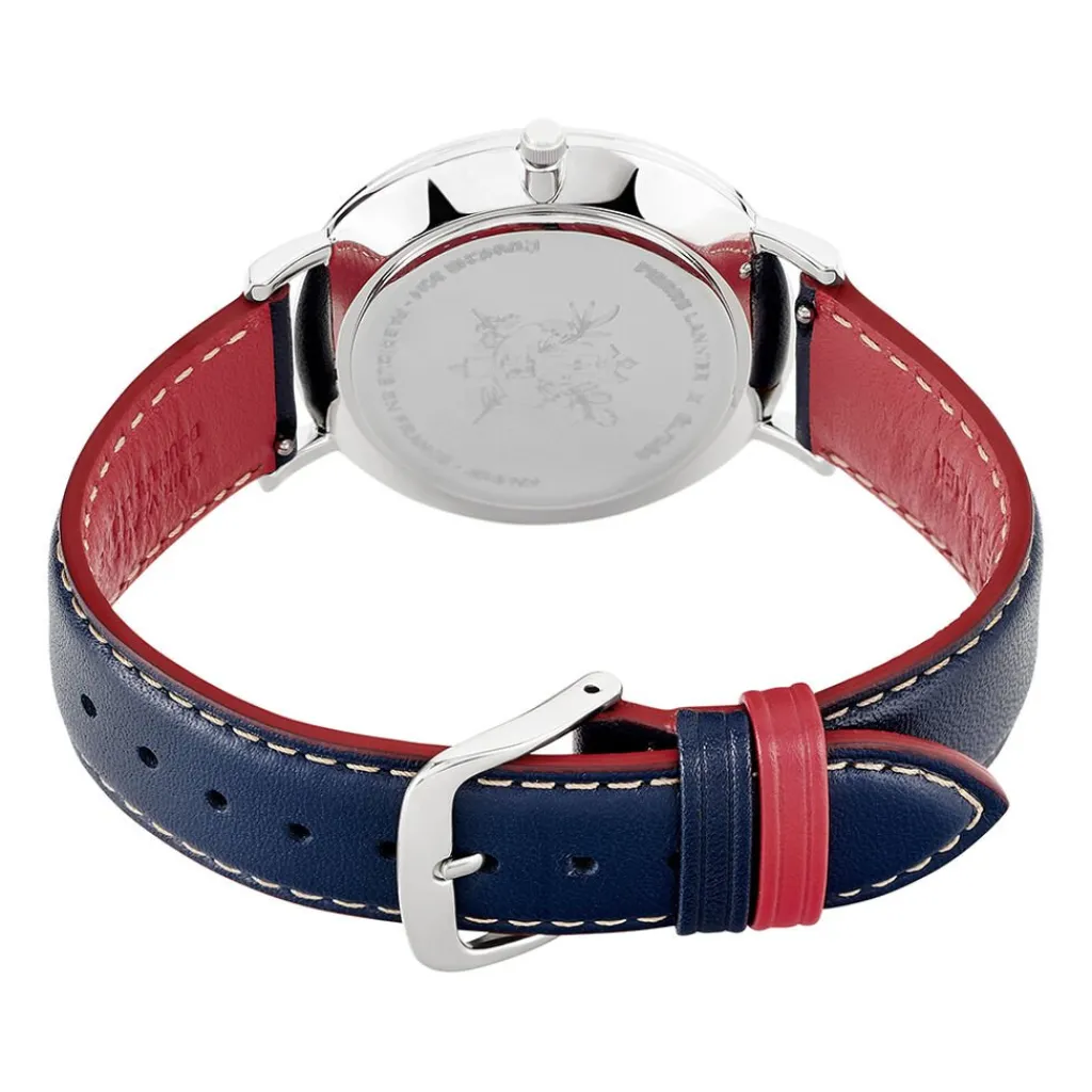 PIERRE LANNIER Montre Elysee Argenté cadran argenté fond argenté bracelet cuir de veau bleu Outlet