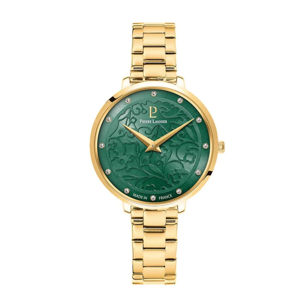 PIERRE LANNIER Montre Eolia Vert cadran doré fond vert bracelet métal doré Clearance