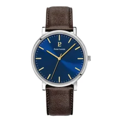 PIERRE LANNIER Montre Essential Bleu cadran argenté fond bleu bracelet cuir marron Clearance