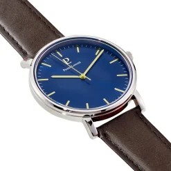 PIERRE LANNIER Montre Essential Bleu cadran argenté fond bleu bracelet cuir marron Clearance