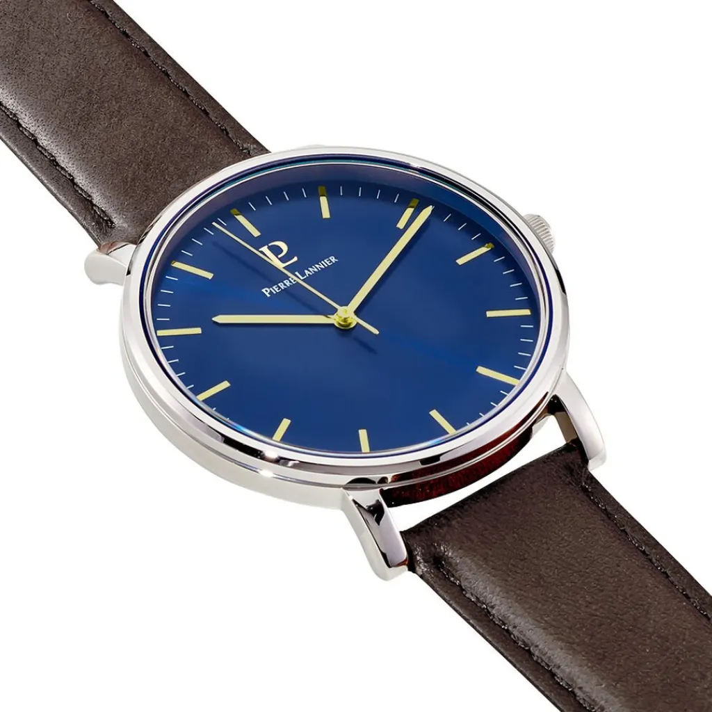 PIERRE LANNIER Montre Essential Bleu cadran argenté fond bleu bracelet cuir marron Clearance