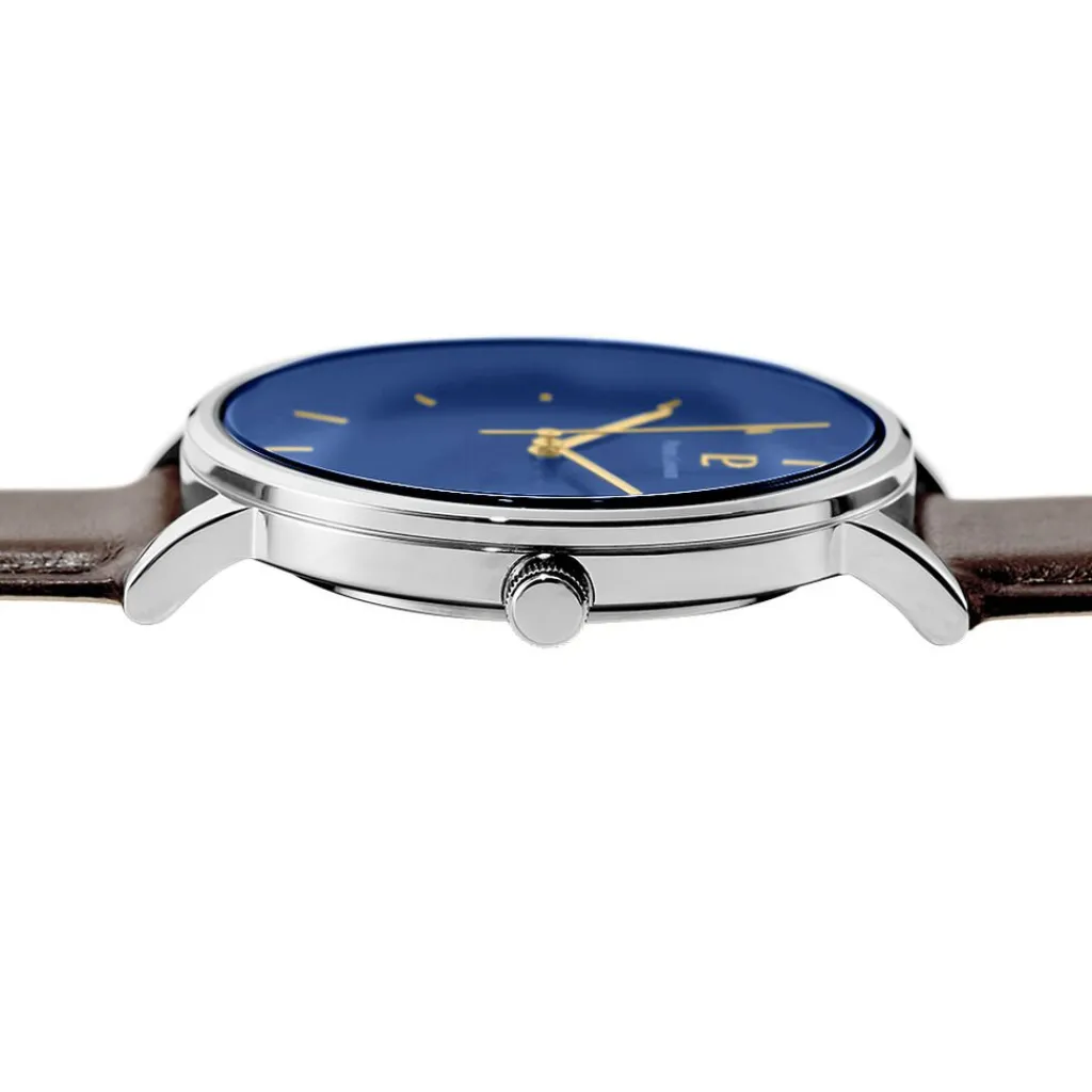 PIERRE LANNIER Montre Essential Bleu cadran argenté fond bleu bracelet cuir marron Clearance