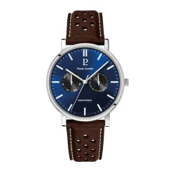 PIERRE LANNIER Montre Essential Bleu cadran argenté fond bleu bracelet cuir de vache marron Best