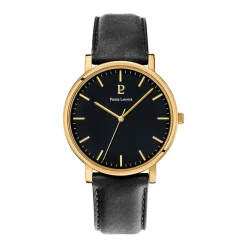 PIERRE LANNIER Montre Essential Noir cadran doré fond noir bracelet cuir noir Outlet
