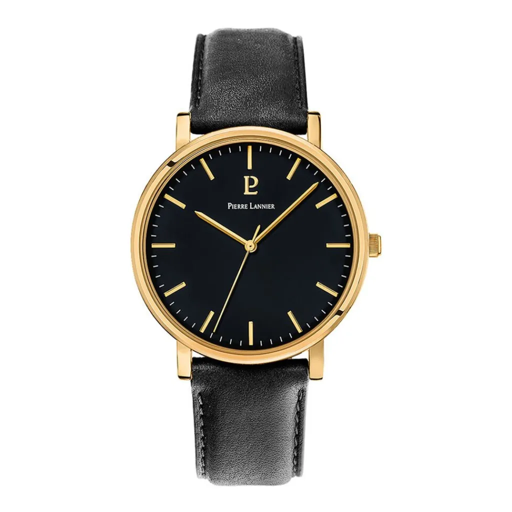 PIERRE LANNIER Montre Essential Noir cadran doré fond noir bracelet cuir noir Outlet