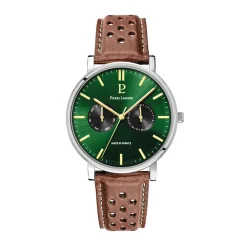 PIERRE LANNIER Montre Essential Vert cadran argenté fond vert bracelet cuir de vache marron