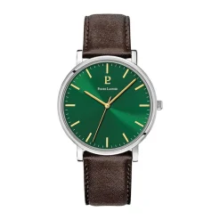 PIERRE LANNIER Montre Essential Vert cadran argenté fond vert bracelet cuir marron Hot
