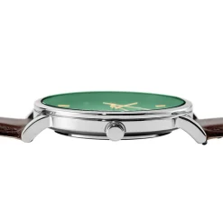 PIERRE LANNIER Montre Essential Vert cadran argenté fond vert bracelet cuir marron Hot