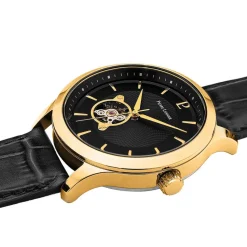 PIERRE LANNIER Montre Fleuret Noir cadran doré fond noir bracelet cuir noir Hot