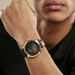 PIERRE LANNIER Montre Fleuret Noir cadran doré fond noir bracelet cuir noir Hot